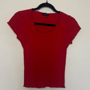 Ambiance Red Ribbed Lettuce Hem Elevated Basic Layering Top